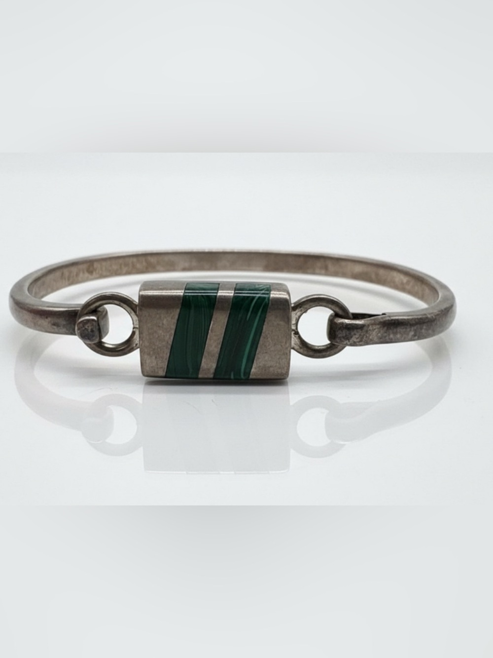 Vintage Taxco Mexico 925 Sterling Silver Malachite Bangle Bracelet 32.5g